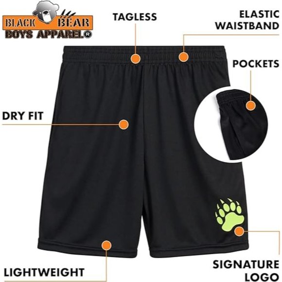 Black Bear Boys' Active Shorts - 2 Pack Performance Dry-Fit Athletic Solid Short - Picture 2 of 8